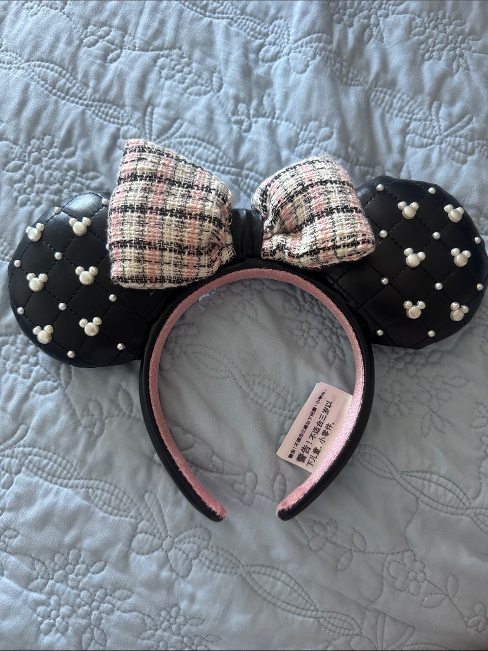 Disney Black Headband with Pink Tweed Bow and Pearl Accents